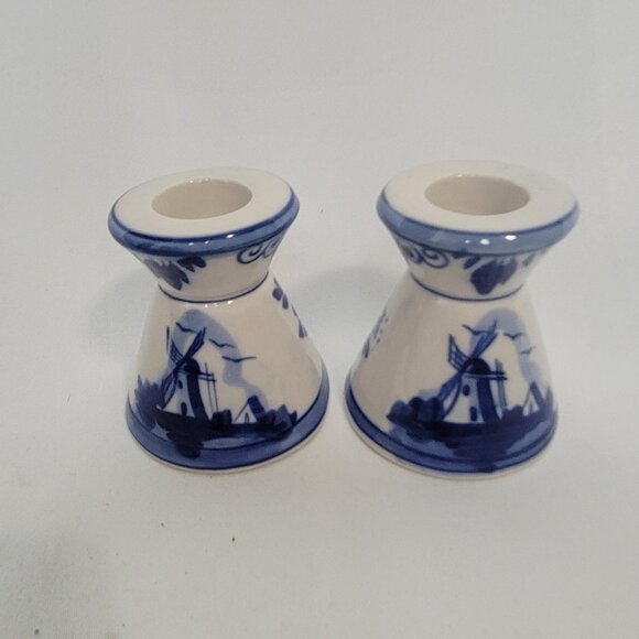 Blue Delft Other - Vintage Delft Blue Windmill Hand Painted Ceramic Taper Candlestick Holders 2.5"